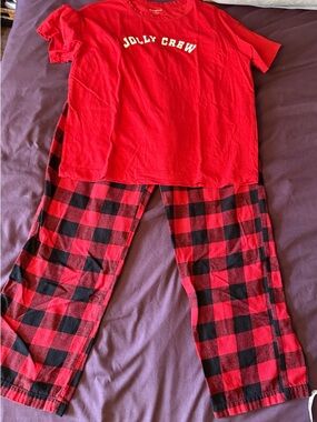 Old Navy Red 'Jolly Crew' Tee with Red and Black Buffalo Plaid Pajama Pants